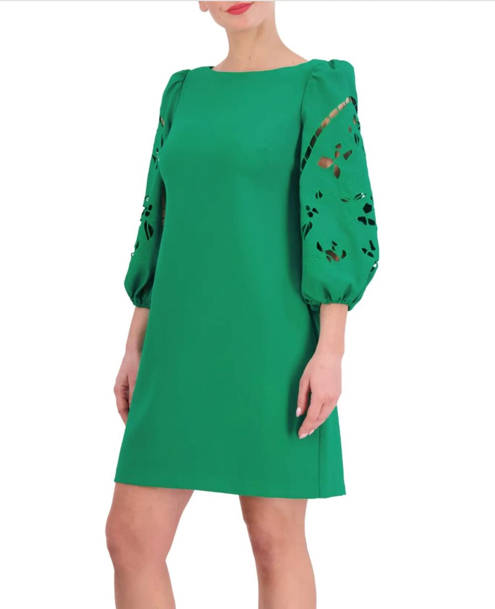 VINCE CAMUTO Women's Crepe Shift Dress Size 2 Green Eyelet Sleeve Cut Out NWOT